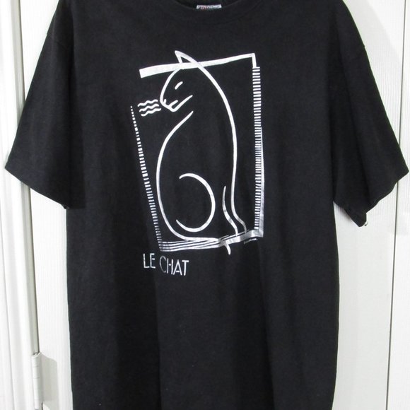 Pre-Owned Hanes SS Le Chat Silver Metallic Cat Outline Black T-Shirt, L (42-44) - Picture 1 of 3